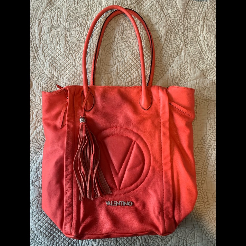 Mario Valentino Coral Red Leather Tote with Tassel